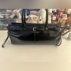 Black belted baguette handbag